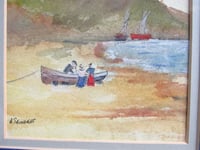 Image 3 of Vintage Watercolour Painting, Boat Beach People Lighthouse by A Saunders, Small Artwork, Framed 