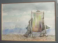 Image 6 of Vintage Watercolour Painting, Man in Deckchair at Seaside by Eileen V. Fewlass 1987, Framed 
