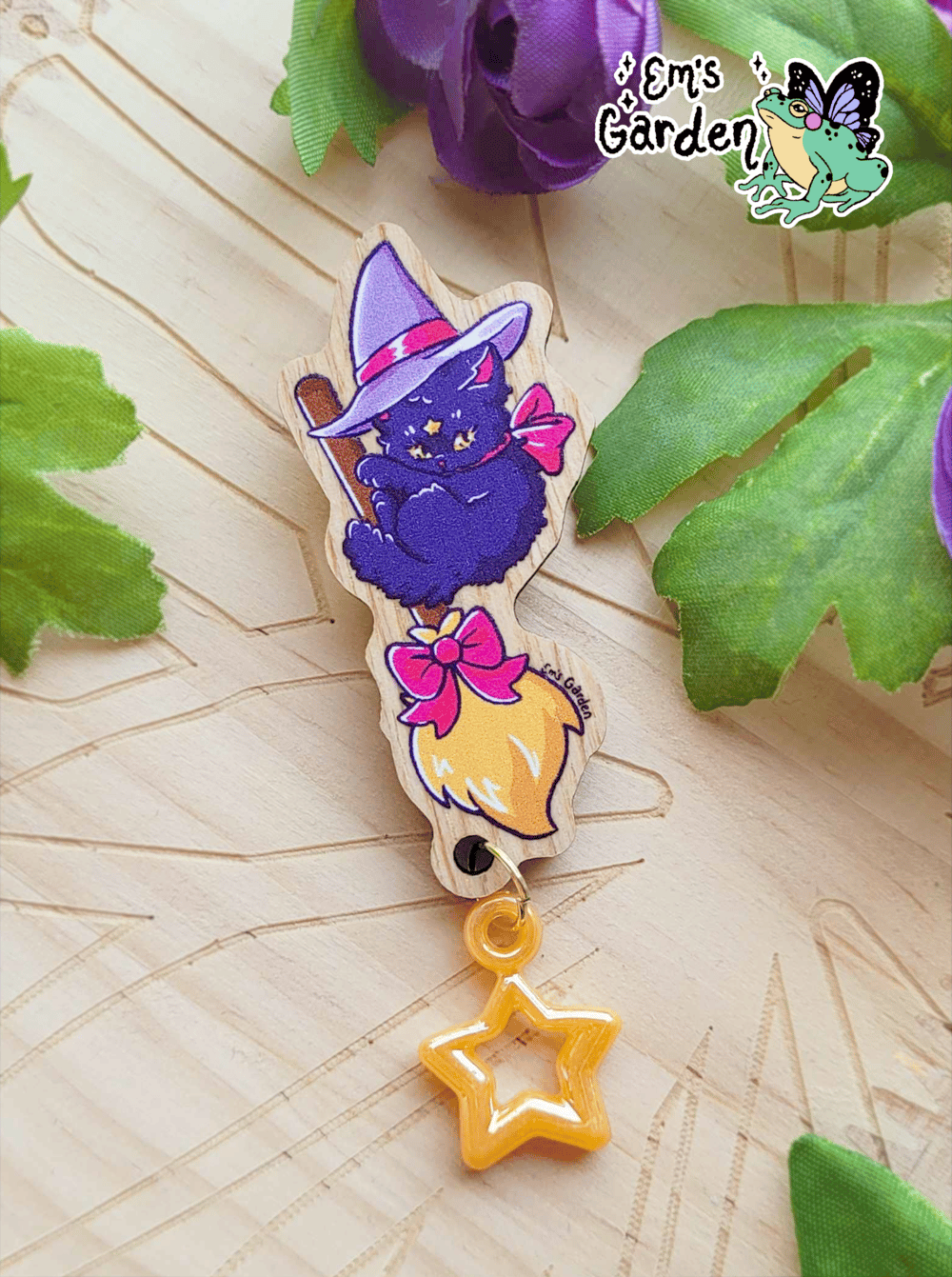 Image of 40% OFF Kitty Witch Woodcut Lapel Pin with Star Charm