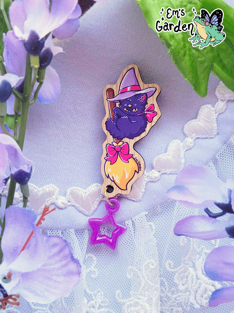 Image of 40% OFF Kitty Witch Woodcut Lapel Pin with Star Charm