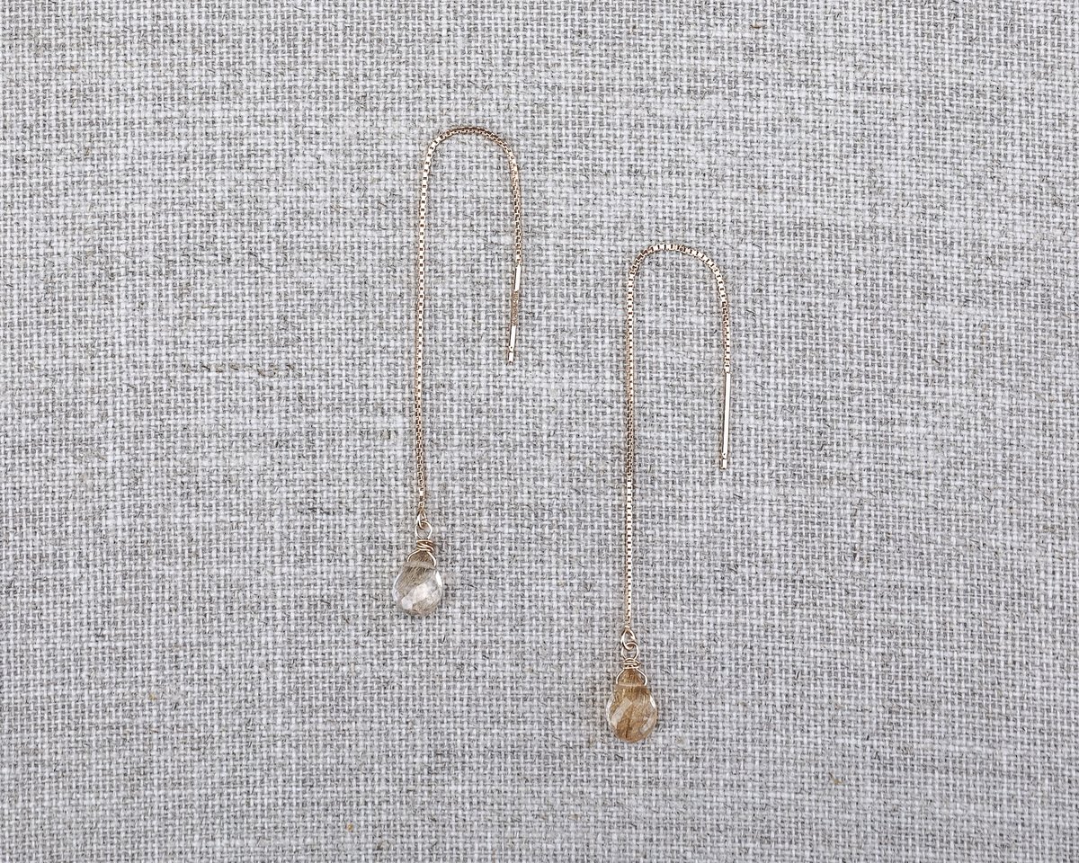 Image of 9ct gold box chain natural rutilated quartz drop earrings