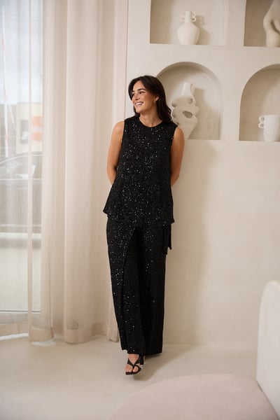 Image of Mae Wrap Pant. Black sequins. By Brave and True 
