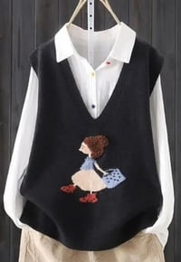 Cartoon V-neck Sleeveless Sweater Vest Black