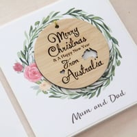 Image 2 of Personalised Family Christmas Card with Australia Christmas Decoration. 