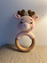 Pink Deer Baby Rattle Wooden Teether