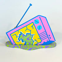 Image 1 of TRASH TV sculpture ( pink with blue outlines )