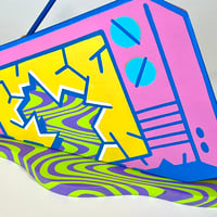 Image 3 of TRASH TV sculpture ( pink with blue outlines )