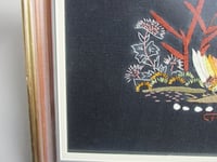 Image 5 of Vintage Embroidery of Birds Plants Flowers on Black Material, Framed Size 22 3/4 x 12 3/4 ins 