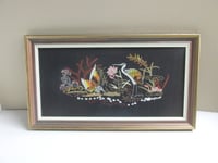 Image 1 of Vintage Embroidery of Birds Plants Flowers on Black Material, Framed Size 22 3/4 x 12 3/4 ins 