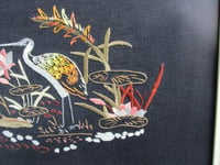 Image 4 of Vintage Embroidery of Birds Plants Flowers on Black Material, Framed Size 22 3/4 x 12 3/4 ins 