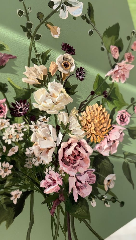Image of Hollyhocks On Pea Green 