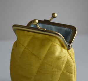 Image of Heather + bog myrtle, yellow quilted silk kisslock purse, dyed with plants