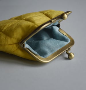 Image of Heather + bog myrtle, yellow quilted silk kisslock purse, dyed with plants