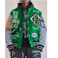 Image 2 of Green/grey first row letterman jacket