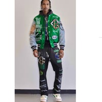 Image 1 of Green/grey first row letterman jacket