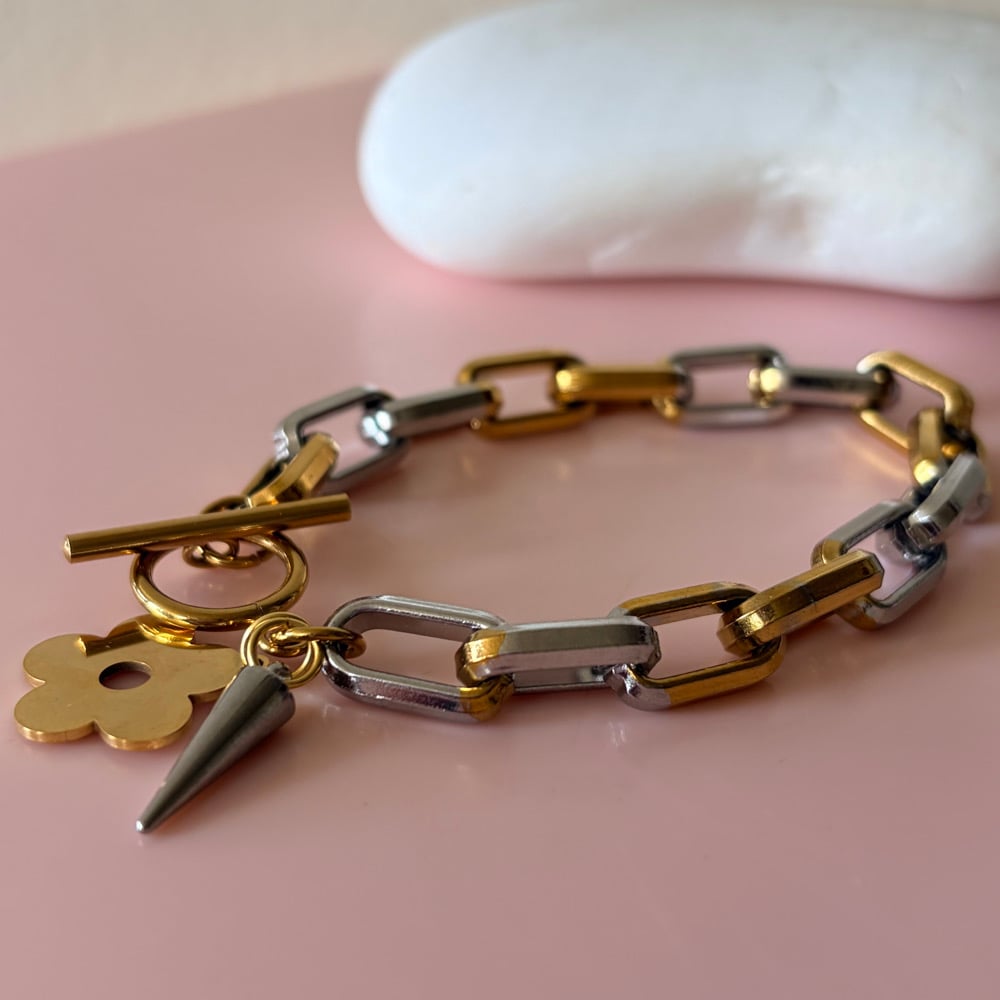 Image of Chunky Gold and Silver Bracelet with Flower and Spike