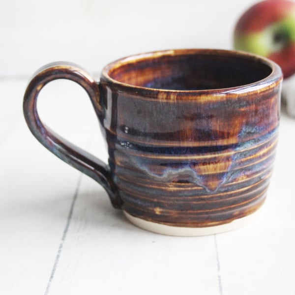 Image of Rich Amber Brown and Blue Handcrafted Pottery Mug, 13 Ounce Coffee Cup Made in USA