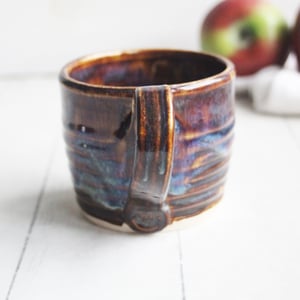 Image of Rich Amber Brown and Blue Handcrafted Pottery Mug, 13 Ounce Coffee Cup Made in USA