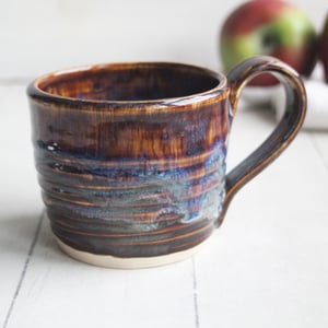 Image of Rich Amber Brown and Blue Handcrafted Pottery Mug, 13 Ounce Coffee Cup Made in USA