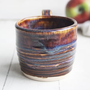 Image of Rich Amber Brown and Blue Handcrafted Pottery Mug, 13 Ounce Coffee Cup Made in USA