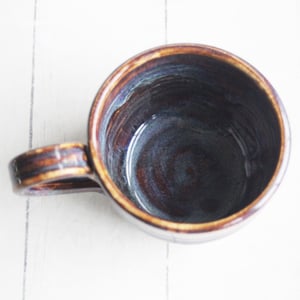 Image of Rich Amber Brown and Blue Handcrafted Pottery Mug, 13 Ounce Coffee Cup Made in USA