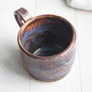 Image of Rich Amber Brown and Blue Handcrafted Pottery Mug, 13 Ounce Coffee Cup Made in USA