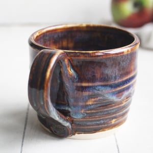 Image of Rich Amber Brown and Blue Handcrafted Pottery Mug, 13 Ounce Coffee Cup Made in USA