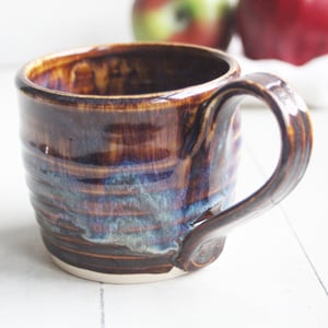 Image of Rich Amber Brown and Blue Handcrafted Pottery Mug, 13 Ounce Coffee Cup Made in USA