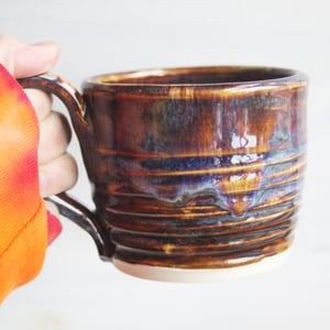 Image of Rich Amber Brown and Blue Handcrafted Pottery Mug, 13 Ounce Coffee Cup Made in USA