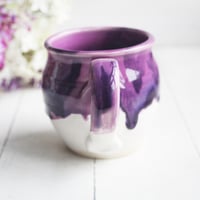 Image 4 of Purple and White Pottery Mug with Dripping Artful Glaze, 14 Ounce Ceramic Mug, Made in USA