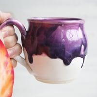 Image 5 of Purple and White Pottery Mug with Dripping Artful Glaze, 14 Ounce Ceramic Mug, Made in USA
