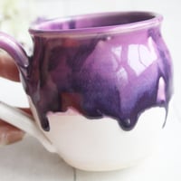 Image 6 of Purple and White Pottery Mug with Dripping Artful Glaze, 14 Ounce Ceramic Mug, Made in USA