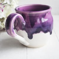 Image 7 of Purple and White Pottery Mug with Dripping Artful Glaze, 14 Ounce Ceramic Mug, Made in USA