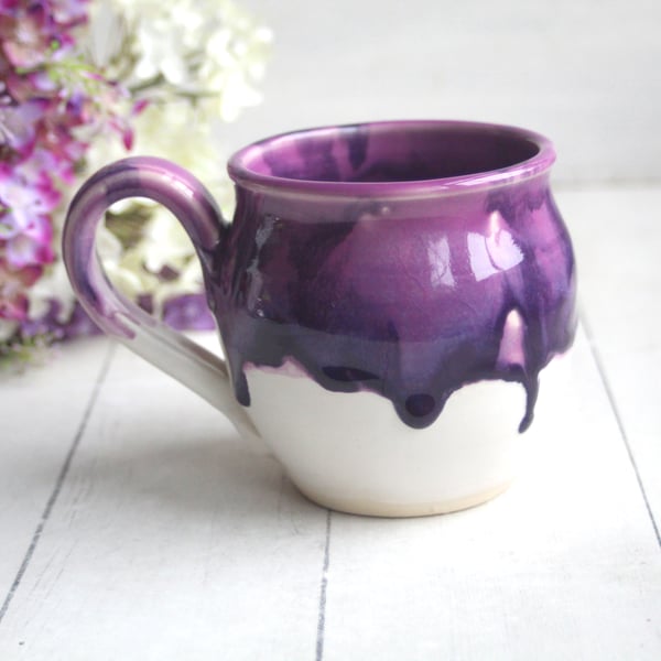 Image of Purple and White Pottery Mug with Dripping Artful Glaze, 14 Ounce Ceramic Mug, Made in USA