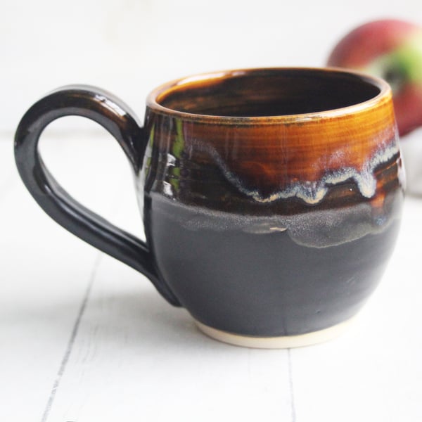 Image of Amber Brown, and Matte Black Pottery Mug, 14 oz. Handcrafted Coffee Cup, Made in USA 