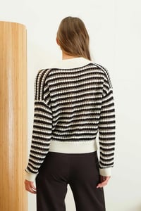 Image 2 of Stripe Collared Long Sleeve Crochet Knit Sweater