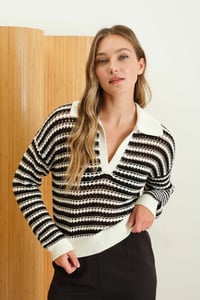 Image 4 of Stripe Collared Long Sleeve Crochet Knit Sweater