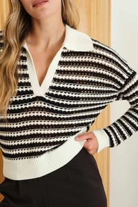 Image 5 of Stripe Collared Long Sleeve Crochet Knit Sweater