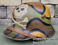 Image 3 of Replica WWI German M-1916 Helmet & Leather Liner. Camouflage Pattern. Freikorps.