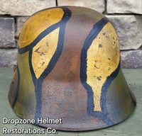 Image 6 of Replica WWI German M-1916 Helmet & Leather Liner. Camouflage Pattern. Freikorps.