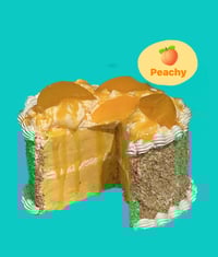 Image 1 of 6x5” FAKE FOOD, glazed Glazed Peaches crumb, dessert, fruit, Cake, with slice out centerpiece
