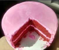 Image 1 of Medium size Double Layer Strawberry Mirror Glaze Cake 6x4” with slice out