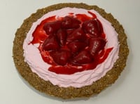 Image 1 of Fake Pie, Pink Cream Strawberry Glaze Pie in a pie graham crust 9” in foil pan