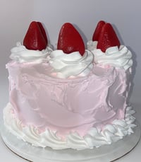 Image 1 of Light Pink Fake Food Loaded Strawberry Cream Cake, Strawberries &amp; Swirl Dollops, Cake 8x6”