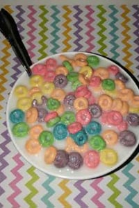Image 2 of Fake Food fruit loops rainbow cereal with milk/ 6 inch round thick plastic bowl w/spoon inside/ p...