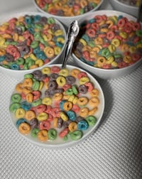 Image 7 of Fake Food fruit loops rainbow cereal with milk/ 6 inch round thick plastic bowl w/spoon inside/ p...