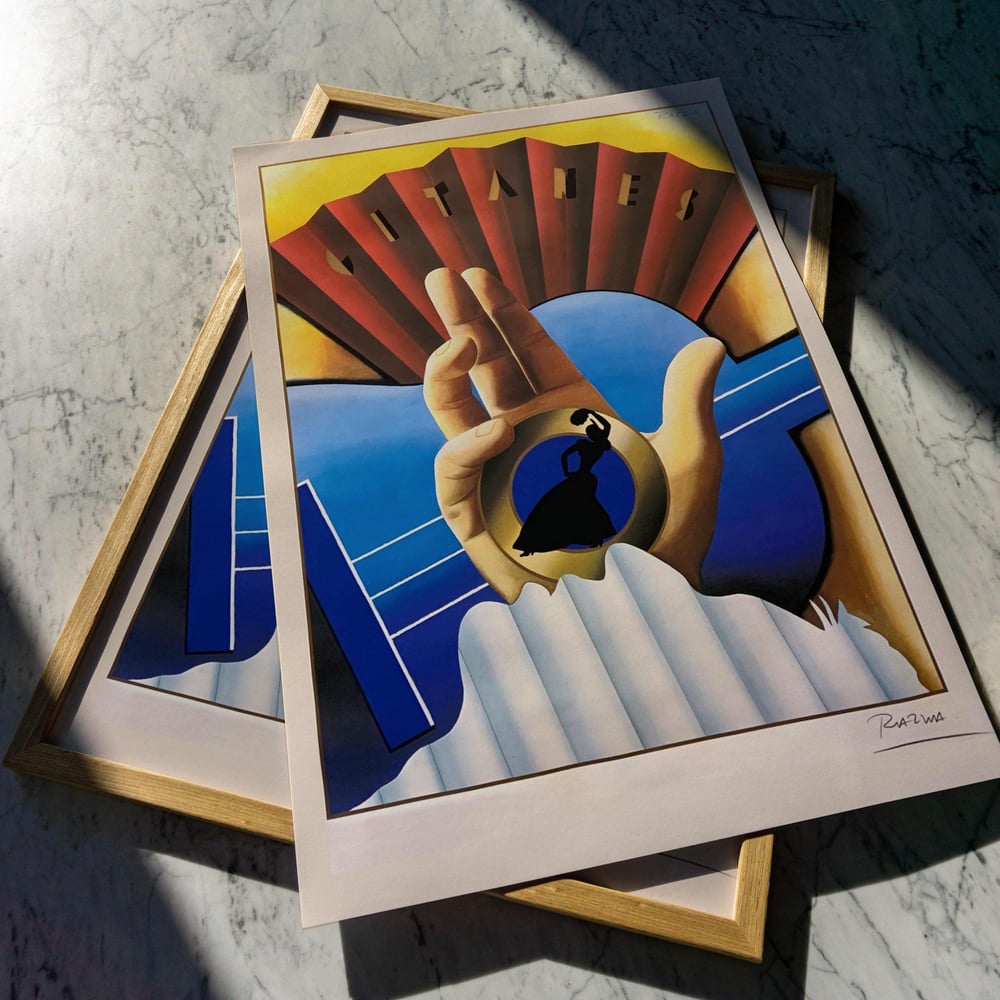 A vibrant and dynamic poster that captures the rhythm and spirit of Spanish culture through bold color and elegant composition. The central image features a stylized hand plucking the strings of a blue guitar, with the silhouette of a flamenco dancer framed perfectly within the guitar’s sound hole. Above, a radiant red fan opens against a glowing yellow sky, echoing the warmth and energy of traditional flamenco performances. The design’s geometric precision, rich gradients, and use of negative space highlight Razzia’s mastery of modern Art Deco-inspired form. The word GITANES arcs across the top, suggesting both the music and motion of the scene. This artwork embodies passion, movement, and artistry—an ode to rhythm, culture, and the timeless allure of Mediterranean expression.