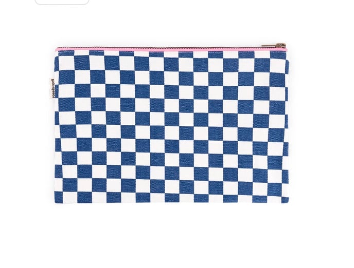 Image of Navy blue checkerboard pouch/ clutch - neon pink zip