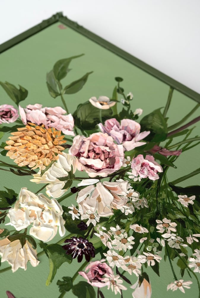 Image of Hollyhocks On Pea Green 