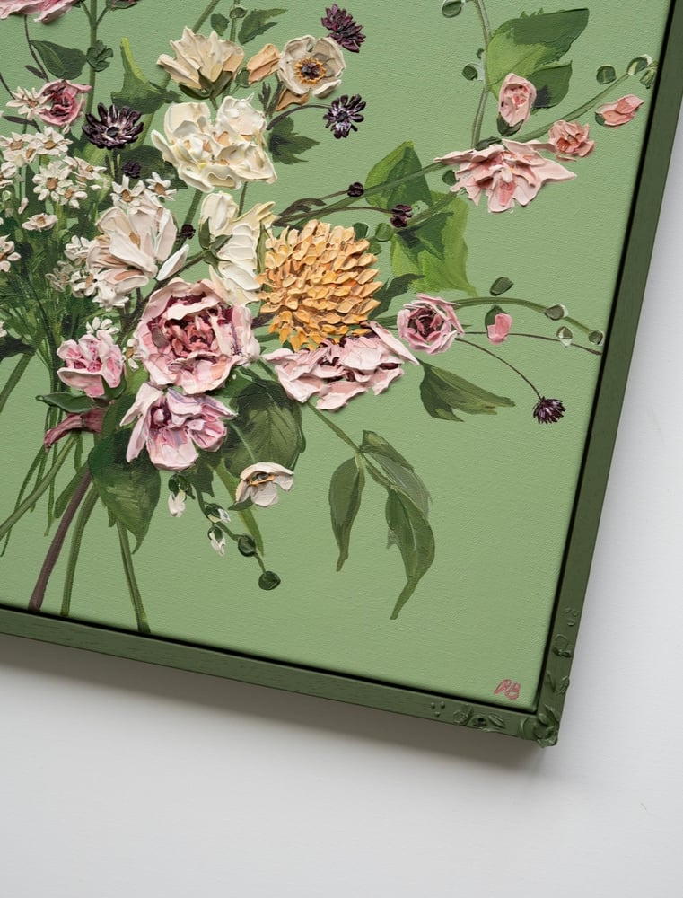 Image of Hollyhocks On Pea Green 